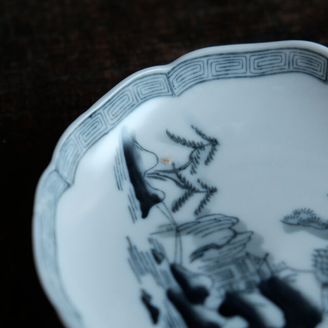 黒染付で素敵◇瀬戸焼 楼閣山水黒染付印判小皿 骨董・antiques 古民家