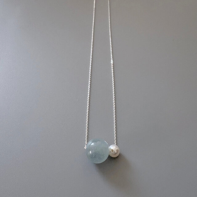 3月の誕生石 水色 11mm up希少な大粒アクアマリン × あこやパール 50cm