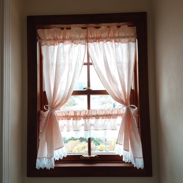 ふんわりダブルガーゼ♡両開き&バランスカフェカーテン ピンク 水玉