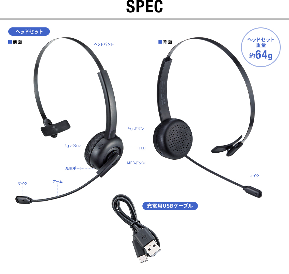 MM-BTMH58BK【Bluetoothヘッドセット（片耳オーバーヘッド・単一指向性