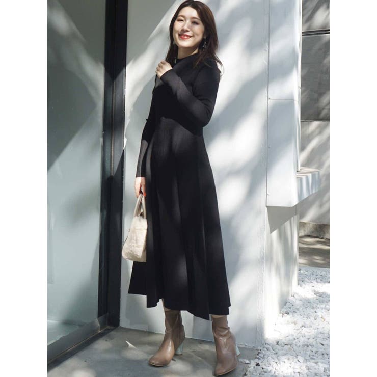 To/】ハイツイストスタンドカラーロングスリーブニットワンピース[品番