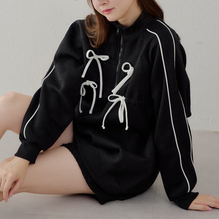 韓国っぽ、WリボンハーフZIP裏起毛プルオーバー[品番：OLOW0014756