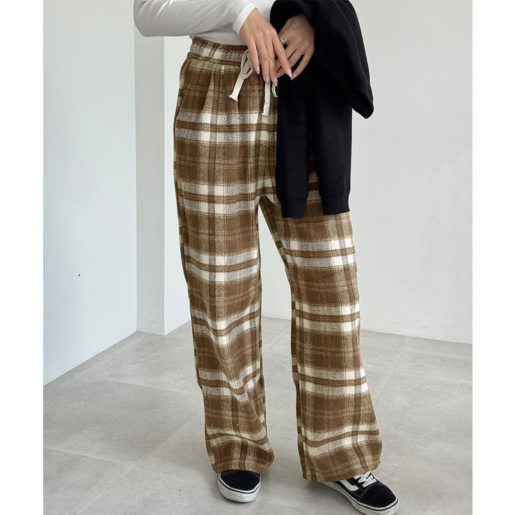チェック柄パンツハイウエストワイドパンツ[品番：AGCW0006100