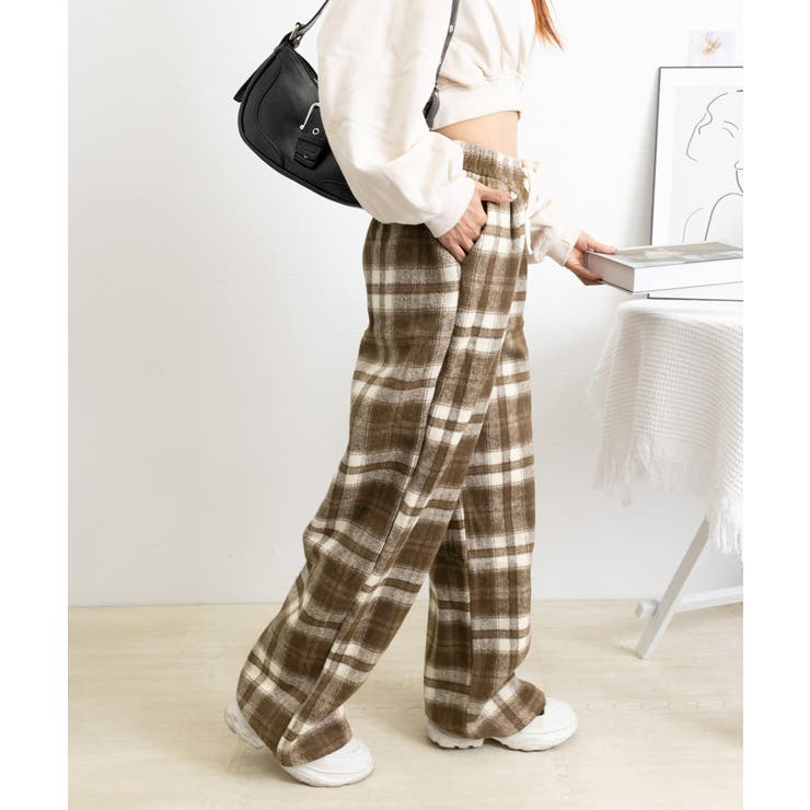 チェック柄パンツハイウエストワイドパンツ[品番：AGCW0006100