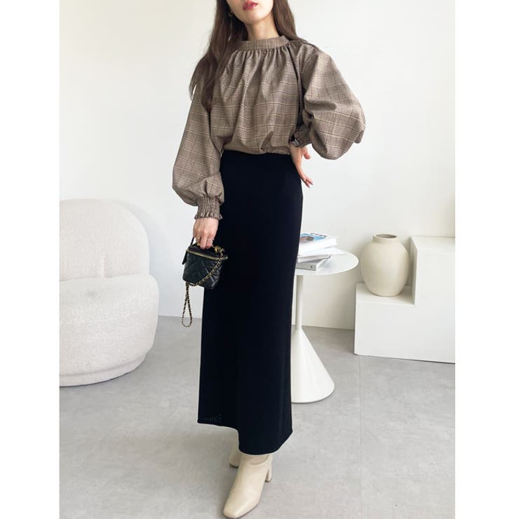 ハイネックギャザーバルーンスリーブブラウス[品番：GERW0000039