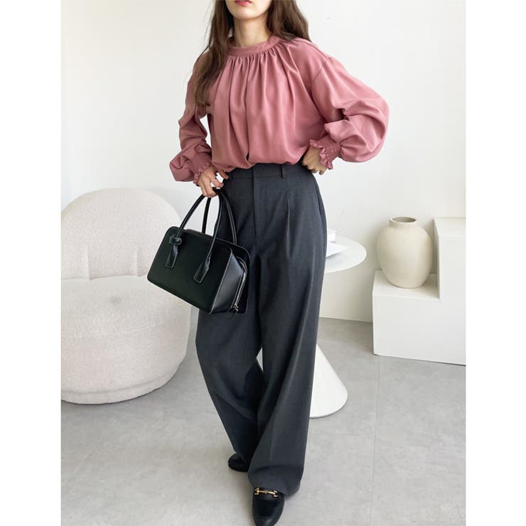 ハイネックギャザーバルーンスリーブブラウス[品番：GERW0000039