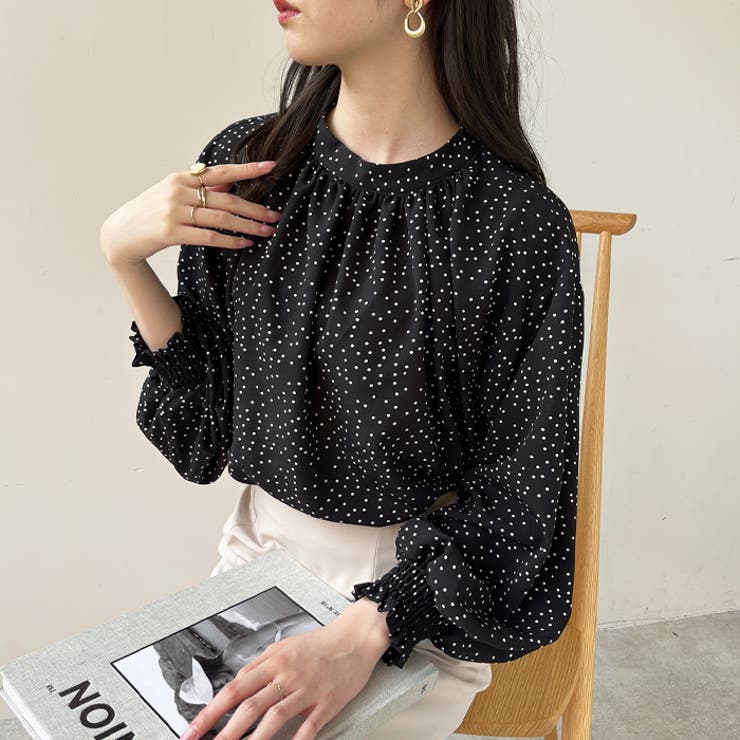 ハイネックギャザーバルーンスリーブブラウス[品番：GERW0000039