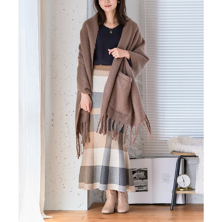 ポケット付き大判ストール ポケット付きショール フリンジ[品番