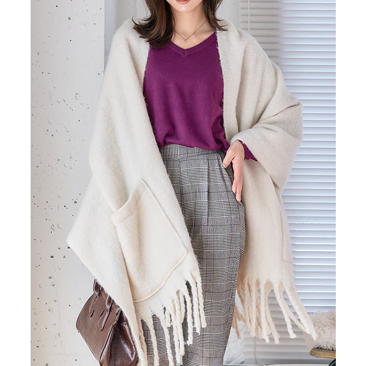 ポケット付き大判ストール ポケット付きショール フリンジ[品番