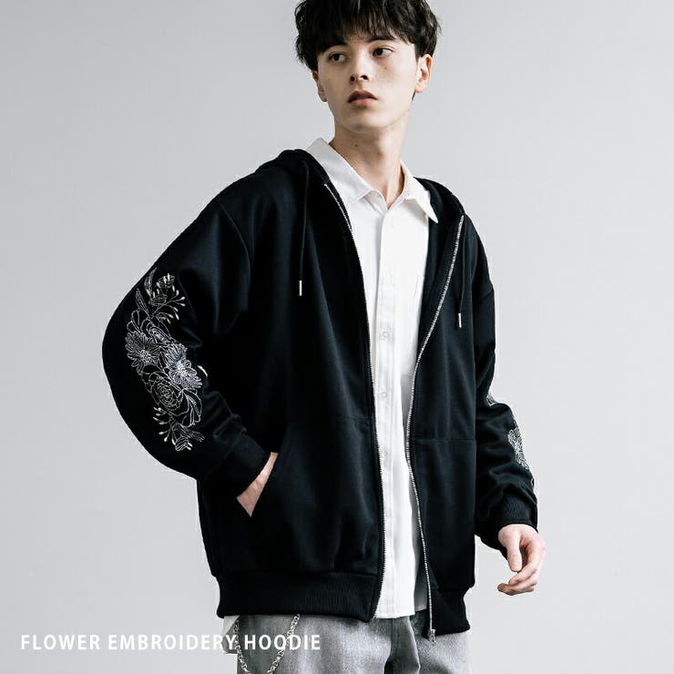 フルジップパーカー 花柄 袖刺繍[品番：OE000008513]｜Rocky Monroe