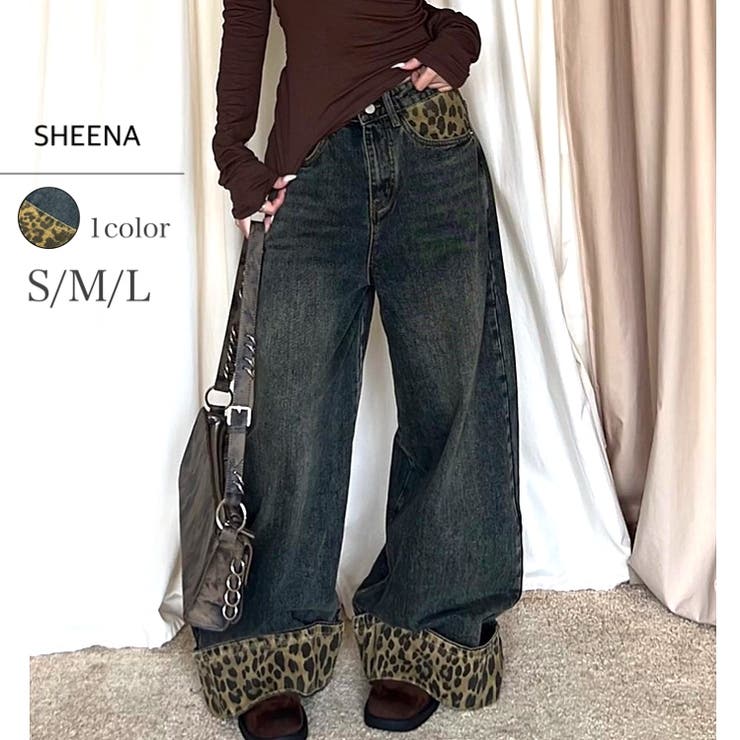 レオパード柄ロールアップワイドデニムパンツ 春 夏[品番：SHNW0012052