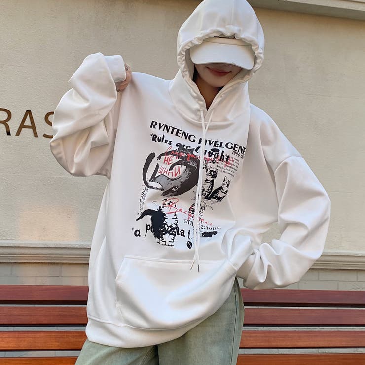 春夏新作】キャットロゴプリントプルオーバーパーカー[品番