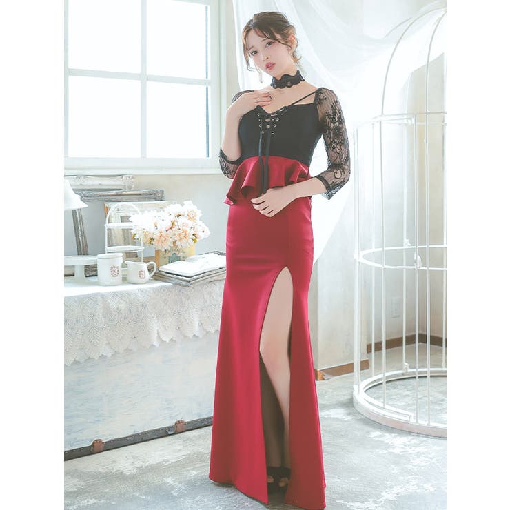 Tika レースチョーカー付きシアーレース袖マーメイドタイトロング