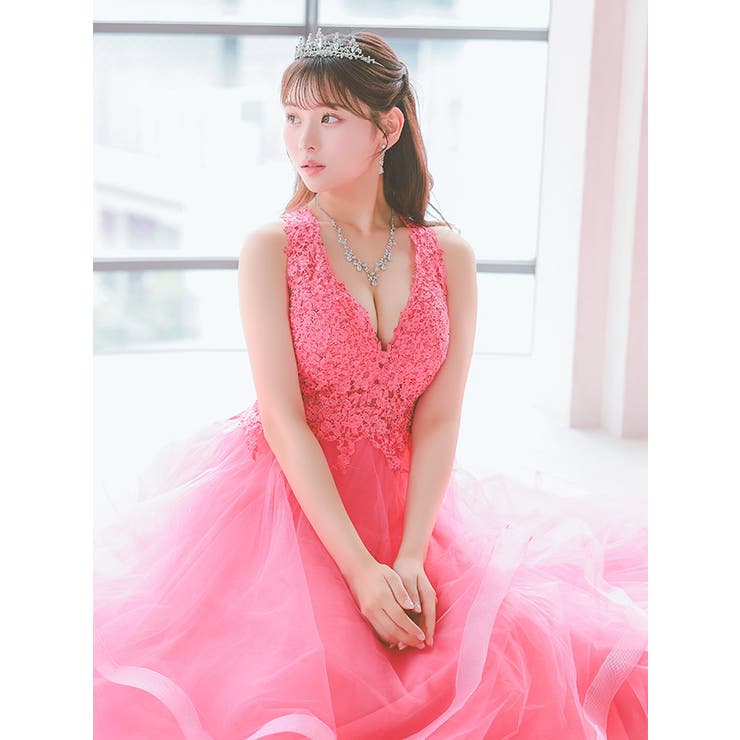 ボリュームチュールフラワーレースオープンバックロングドレス