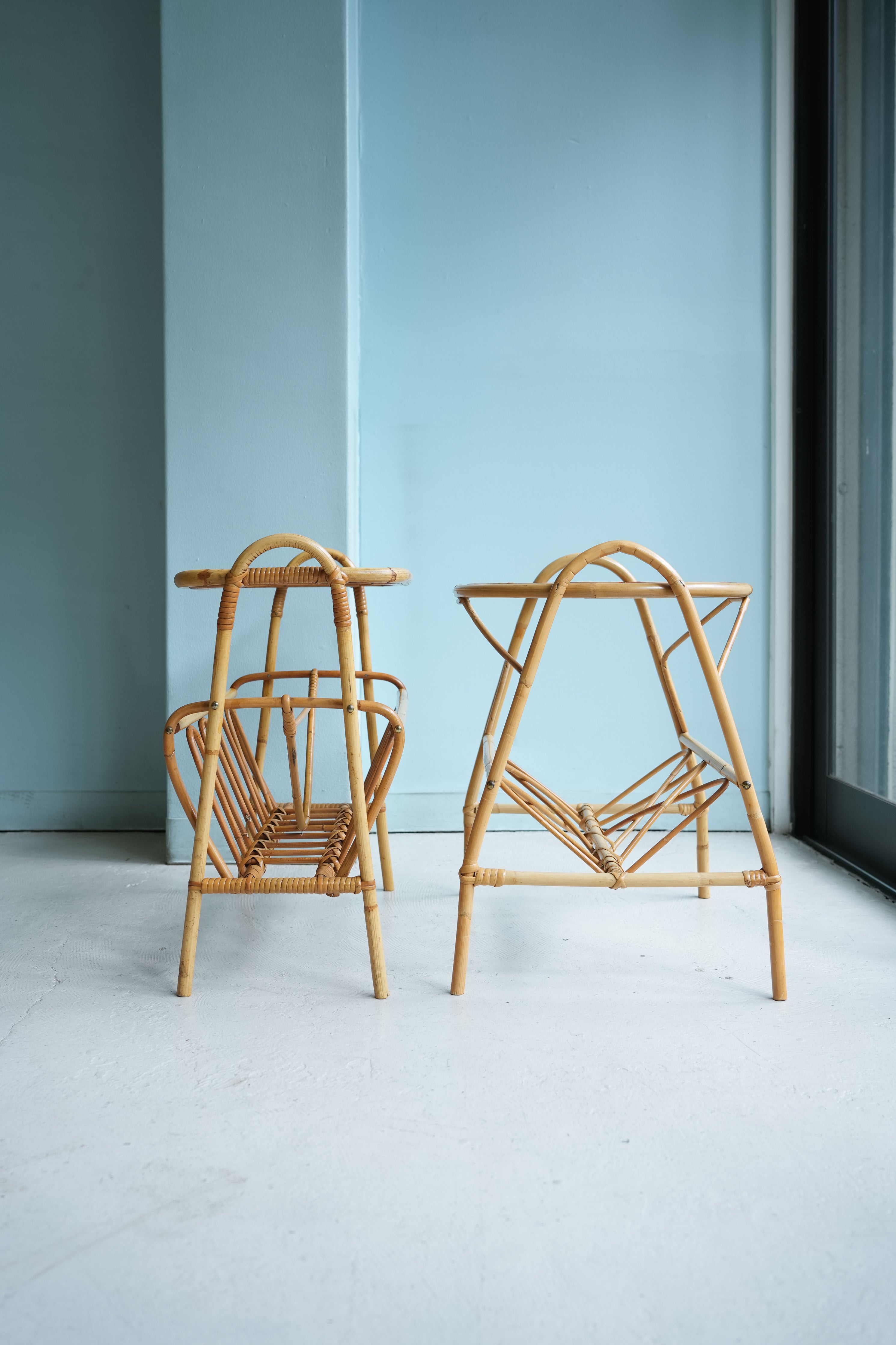 デンマークヴィンテージ ガラストップ ラタンサイドテーブル 北欧家具