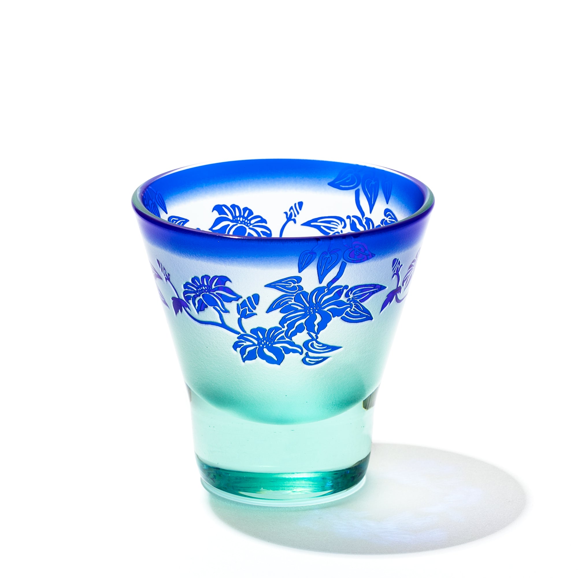 彫刻 夢柄子 鉄線紋 高台オールドグラス ブルー/パープル ｜江戸切子