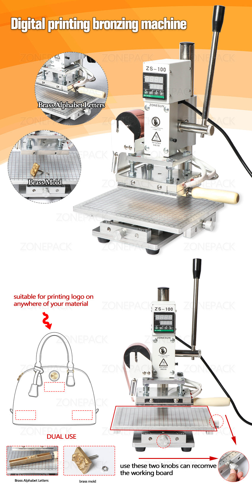 ZONESUN ZS‑100C Digital Hot Foil Stamping Machine for Leather, Wood &
