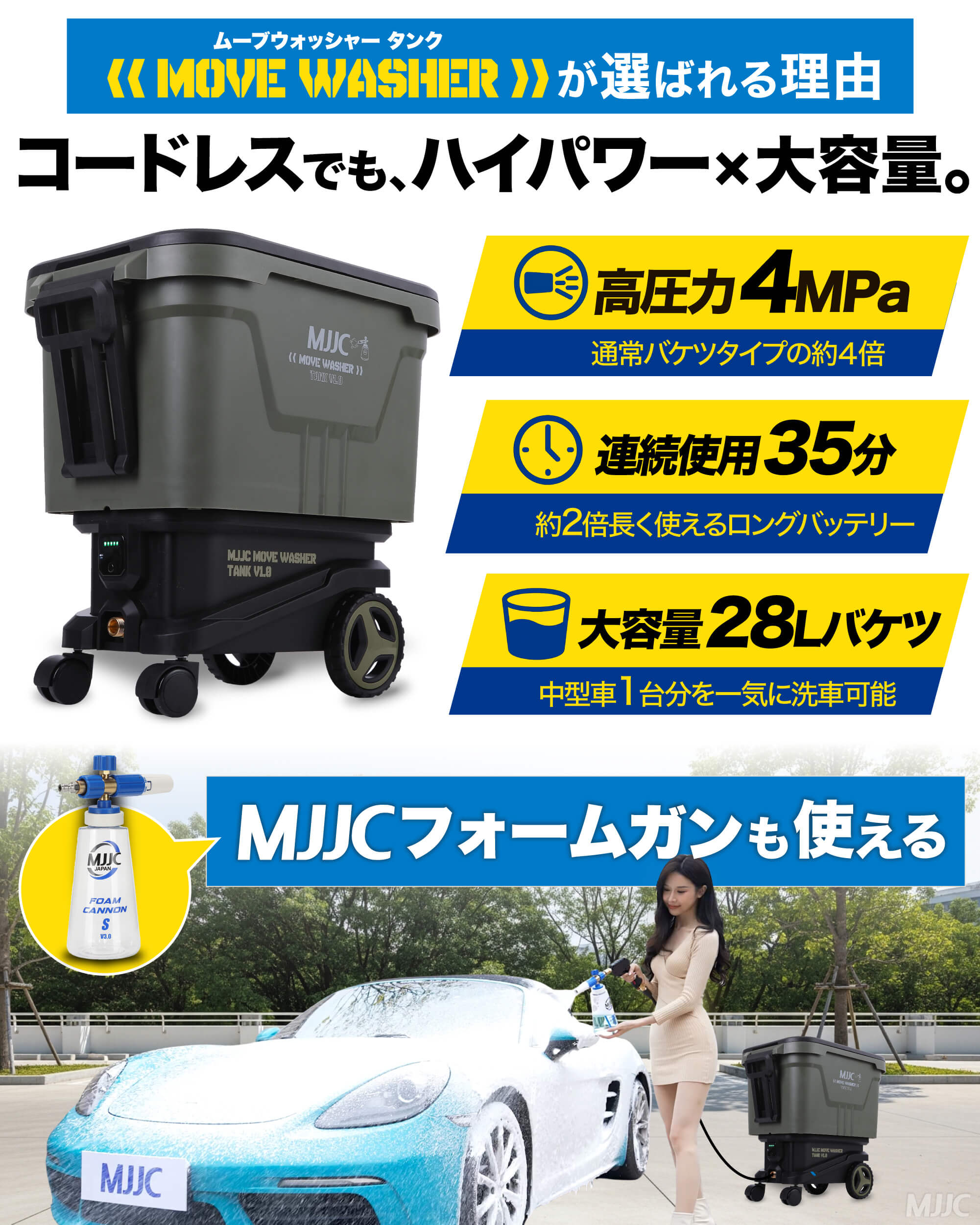 MJJC [ムーブウォッシャー タンク] ポータブル 高圧洗浄機 コードレス