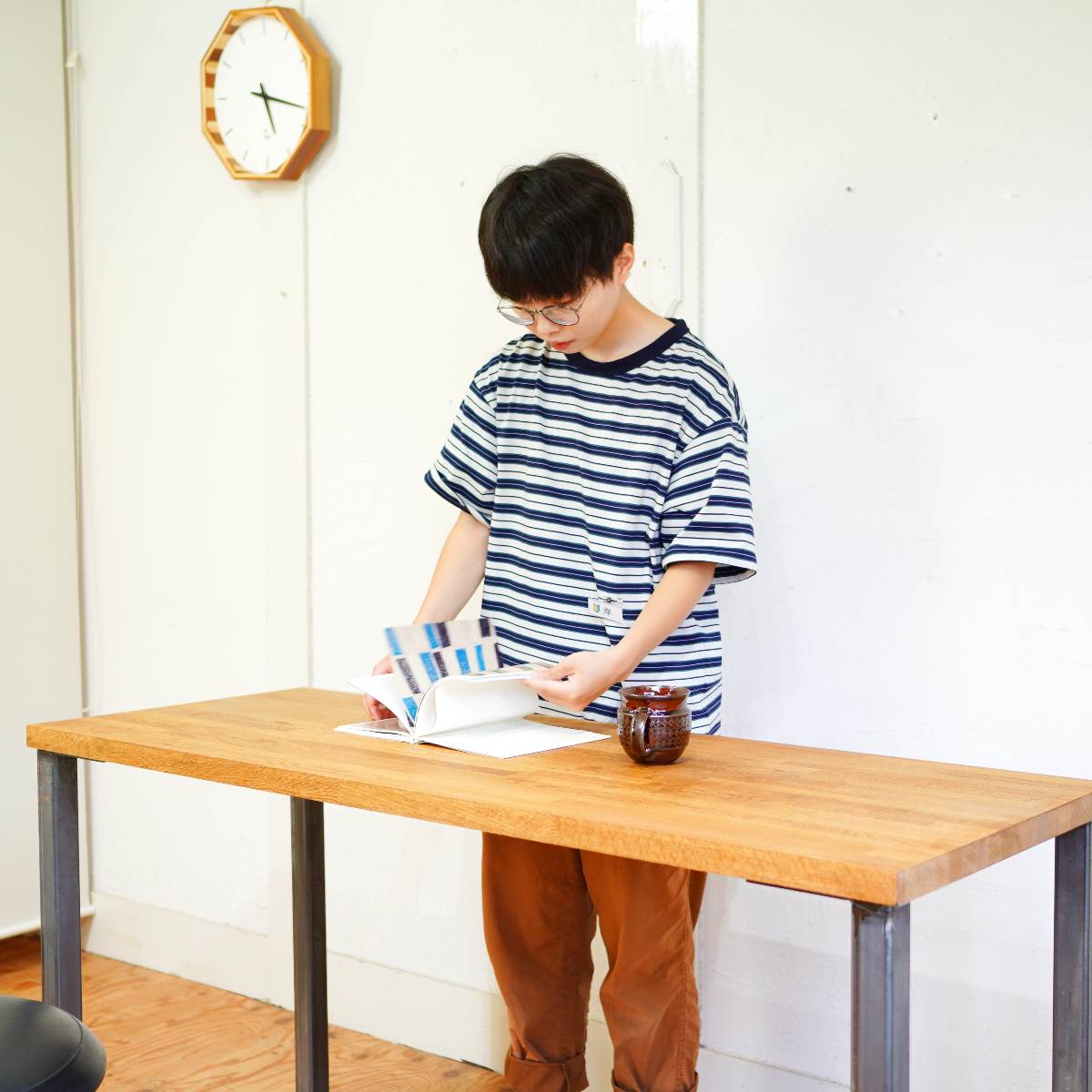 オーク無垢材×スチール脚 デスク ロングテーブル カウンター 作業台