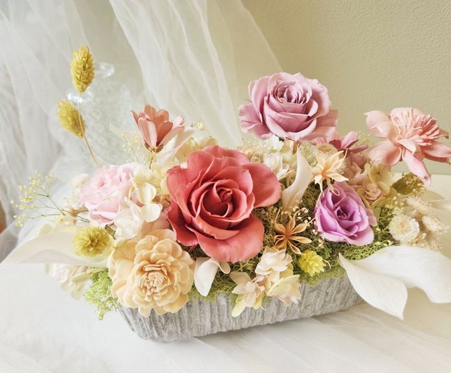 2%OFF】台湾 プリザーブドフラワー 長方形アレンジメント ピンク