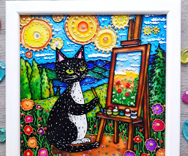 ベラルーシ オリジナル絵画黒猫アーティストイーゼル明るい風景星空