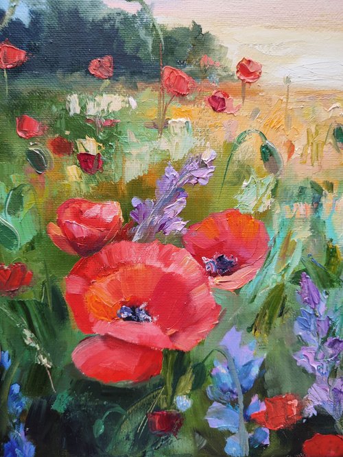 ロシア ポピーの油絵 ポピーのキャンバスアート 赤い花のアートワーク