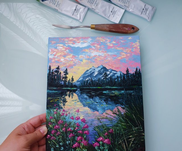 送料無料】ロシア 山の絵 湖 オリジナルアート 夕日のアートワーク