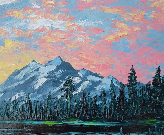 送料無料】ロシア 山の絵 湖 オリジナルアート 夕日のアートワーク