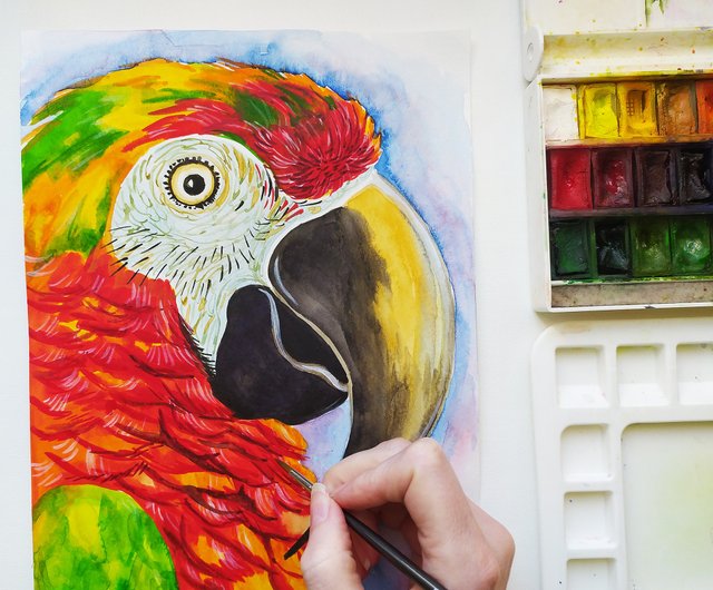 ロシア 赤いオウムコンゴウインコ水彩画アート絵画動物の鳥オリジナル