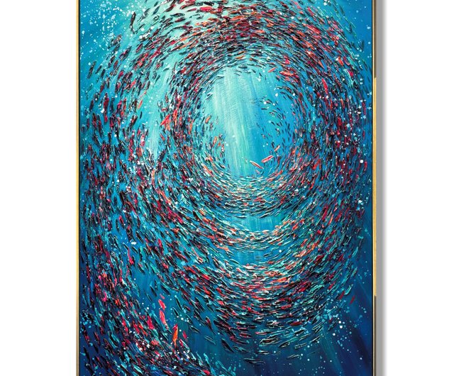 送料無料】スペイン キャンバスに描かれた大きな抽象的な魚の絵