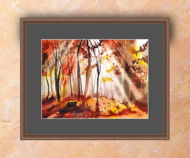 送料無料】ロシア 秋の森の風景画 オリジナル水彩画 19.5 x 27 cm