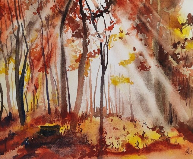 送料無料】ロシア 秋の森の風景画 オリジナル水彩画 19.5 x 27 cm
