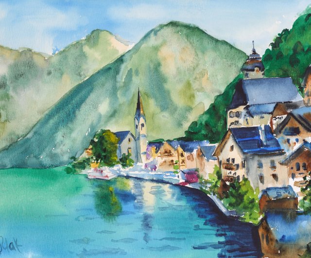 ロシア オーストリア 絵画 ザルツブルク オリジナル 水彩画 風景 山の