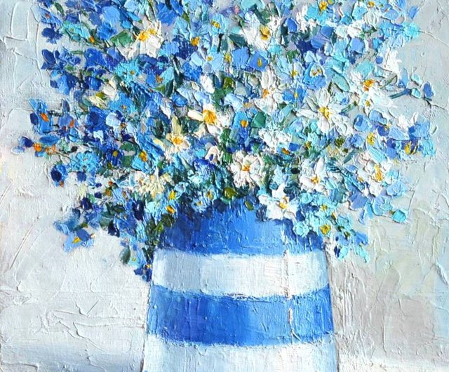 ベラルーシ ワスレナグサ オリジナル油絵 モダンアート 青 花のアート