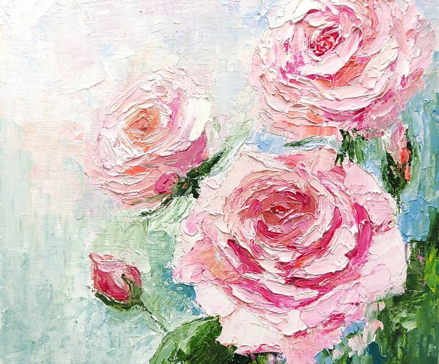 10%OFF】ロシア ピンクのバラの花束オリジナル油絵花の壁アート手工