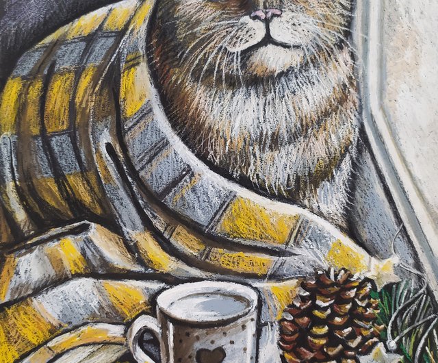 ロシア 動物アート オイル パステル 冬を描く猫の肖像 Nadinart - Pinkoi