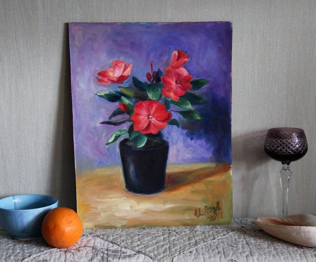 ロシア 赤い花の絵画 オリジナルアート 花の油絵 静物画