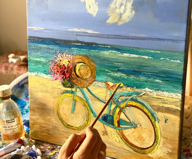 送料無料】イスラエル 自転車と花と海。オリジナルアート。 インパスト