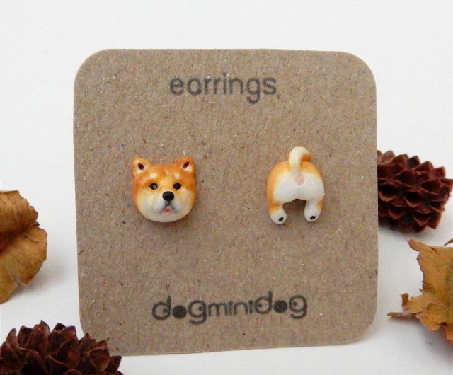 タイ 柴犬のピアス クラフト紙ボックス付き (ハンドメイド) dogminidog