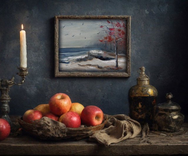 ラトビア 晩秋の海の海岸風景、暗い海水、雪、赤い木の油絵 Contrast