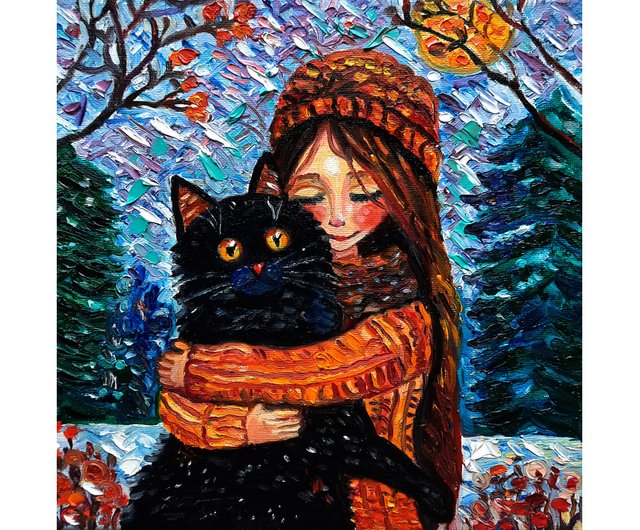 原創畫黒猫と少女のアートオリジナル絵画油絵キャンバスに油絵