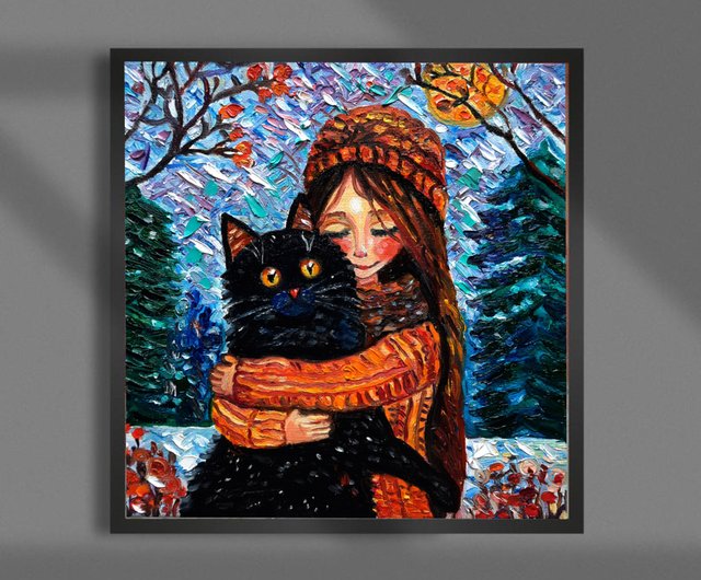 原創畫黒猫と少女のアートオリジナル絵画油絵キャンバスに油絵