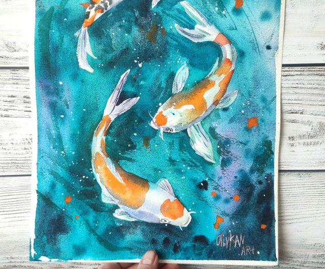 ロシア 鯉の絵 水彩画 魚 オリジナルアート 釣り ウォールアート
