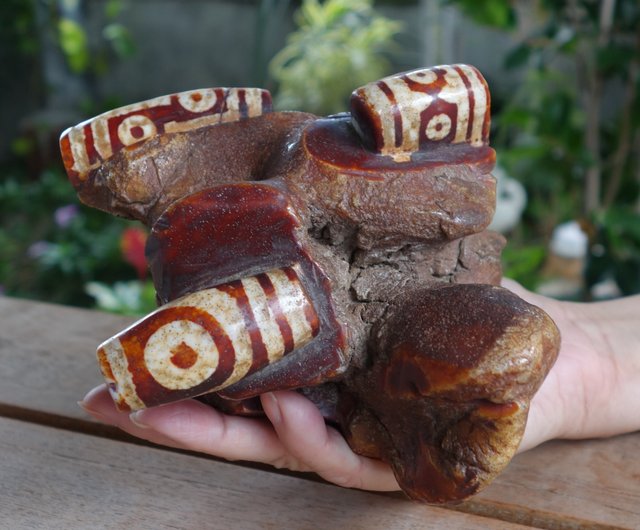 西藏老南紅瑪瑙天珠1346克原礦上4顆紅天珠老件藏傳文玩山奇藝術｜擺飾