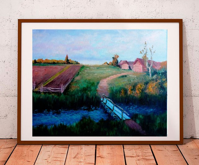 ロシア 村の絵画油農村オリジナルアート油畫原作夏の牧草地風景画