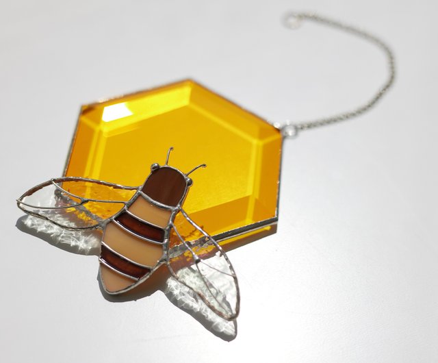 ウクライナ ステンドグラスのハニカムとミツバチのサンキャッチャー 窓