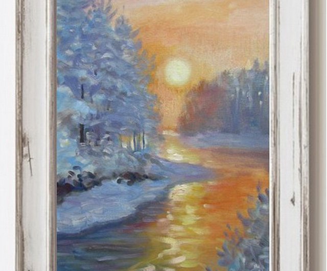 ラトビア オリジナルの油絵冬の川の夕日の風景、冬の風景、冬の太陽