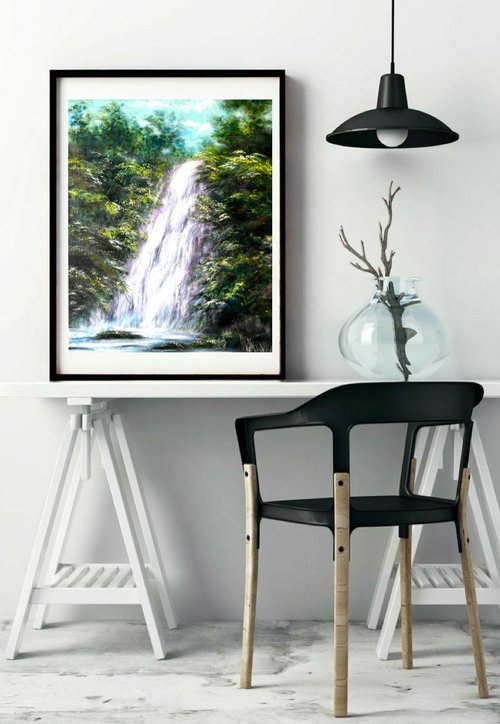 ロシア 滝の絵 風景 オリジナルアート 油絵 60x50 cm/24x20 インチ