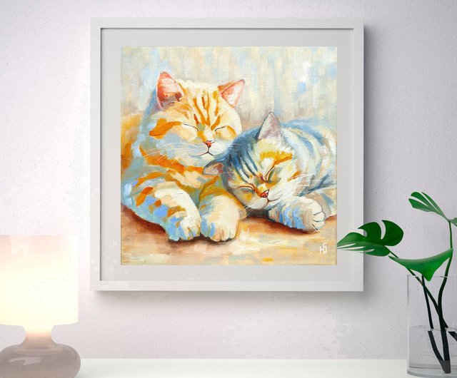 10%OFF】ロシア 眠っている猫の絵画、カップルのオリジナルアート