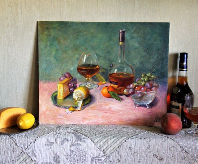ロシア フルーツ 静物画 オリジナルアート ウイスキーグラス 赤ブドウ